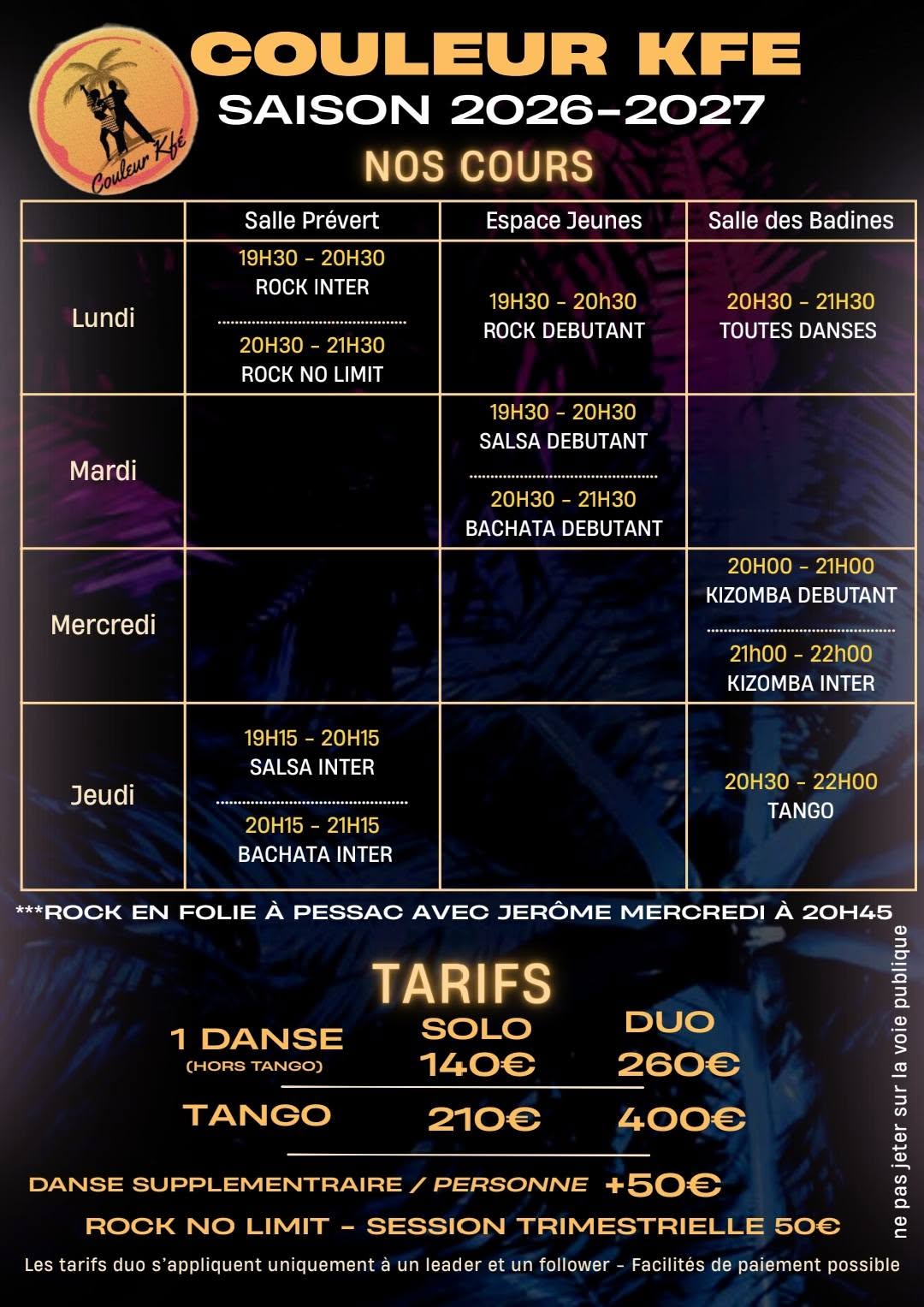 Horaires de l'association 2026-2027